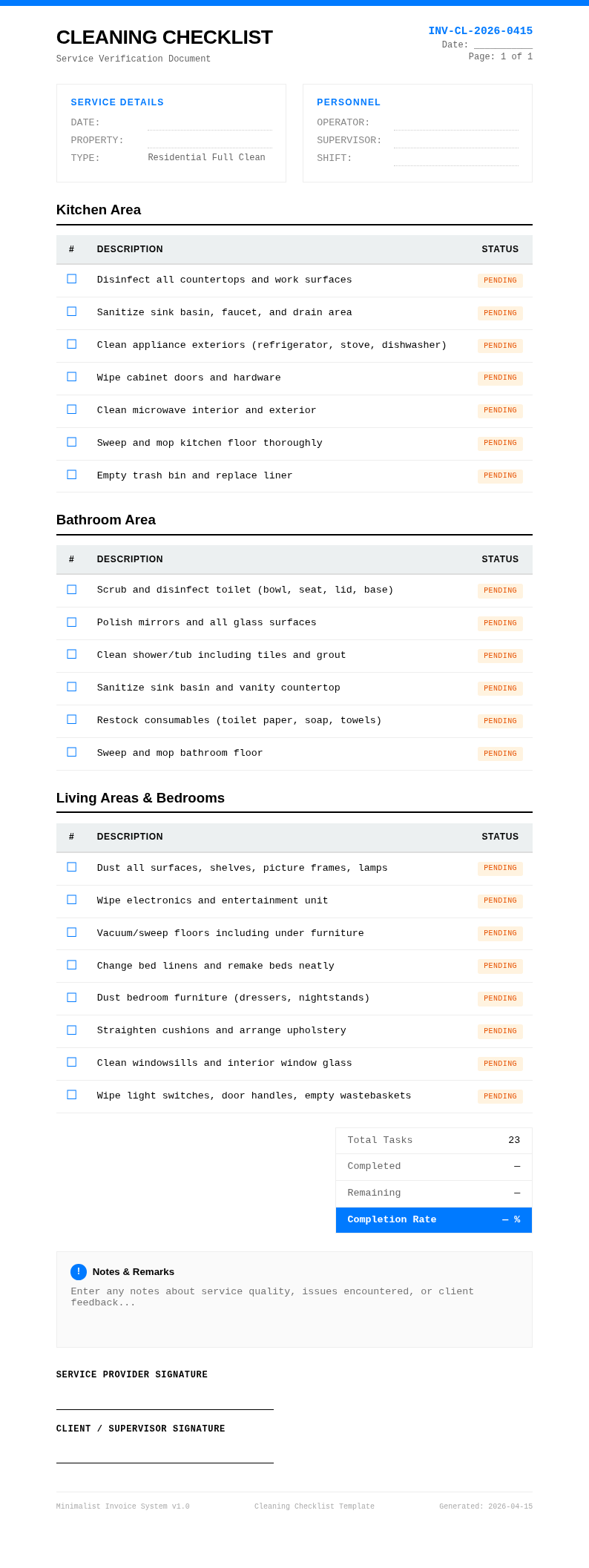 Minimalist invoice cleaning checklist
